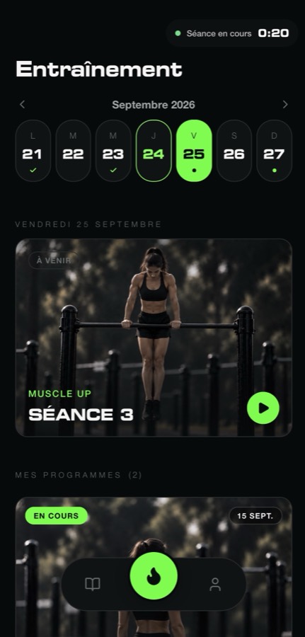 Écran Entraînement de l’application StenX, avec le calendrier de la semaine et la séance du jour