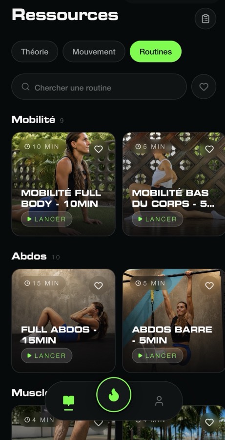Écran Ressources de StenX, avec les routines de mobilité et d’abdos